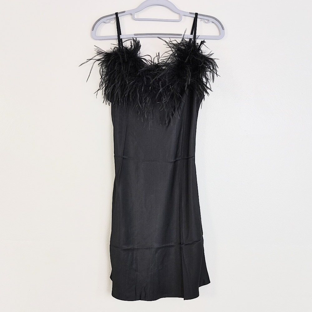 Sleeper Women's Small Feather Mini Slip Dress Black Ostrich Feathers Silky LBD